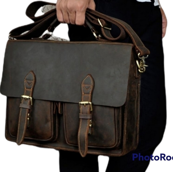 Handmade Vintage style Leather briefcase-- brass finishes & many pockets, 15"x11 - Picture 6 of 7